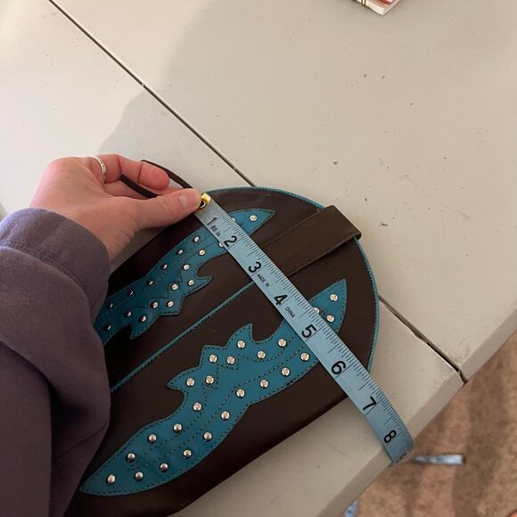 BCBG Y2K Brown Genuine Leather Studded Western Turquoise Boots Size 8.5 - Picture 12 of 16